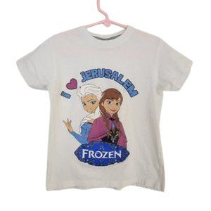 Perfect Fashion Graphic Tee Anna and Elsa  I Love Jerusalem White Blue Size 6